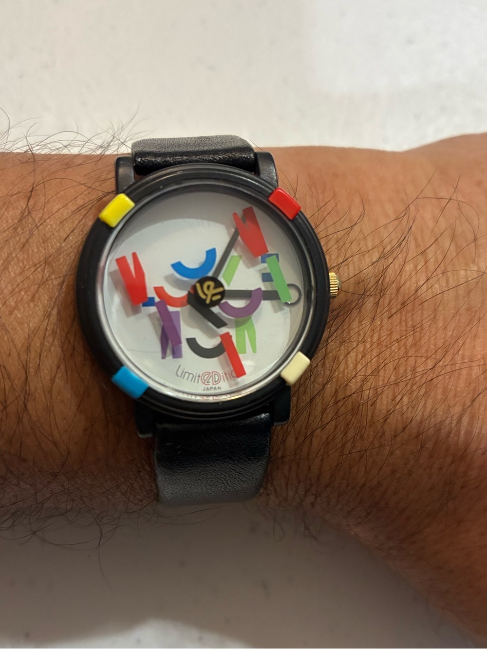 Watch Black Leather Watch with Multicolor Dial